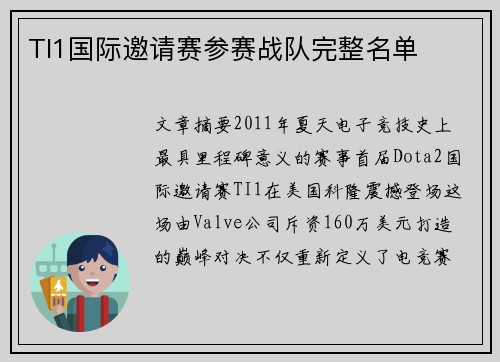 TI1国际邀请赛参赛战队完整名单