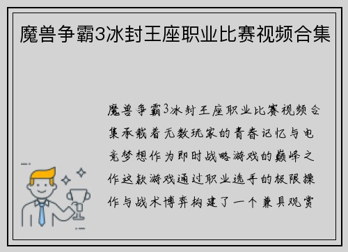 魔兽争霸3冰封王座职业比赛视频合集