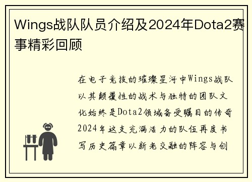 Wings战队队员介绍及2024年Dota2赛事精彩回顾